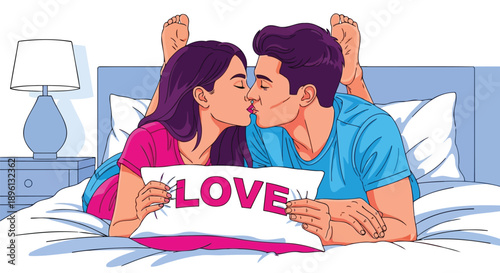 Young couple kissing in bed holding love pillow flat vector illustration