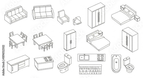 Collection of Isometric Furniture Line Drawings.
