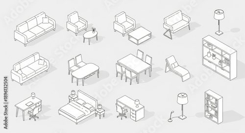 Collection of Isometric Furniture Line Art Illustrations.