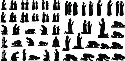 Collection of black silhouettes depicting people in various praying poses silhouette