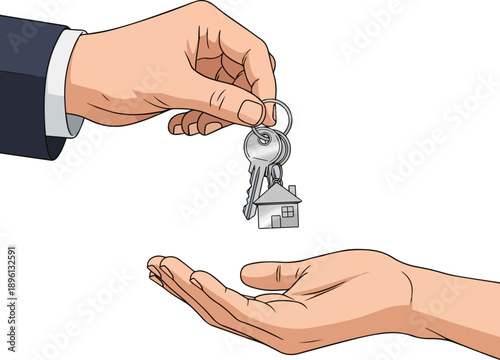 Isolated a realistic Real estate agent's hand giving house keys to a new homeowner. vector art with white background..
