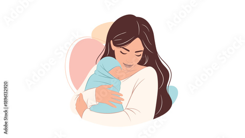 Loving mother holding her newborn baby wrapped in a soft blue blanket with a warm embrace and gentle smile on her face in cartoon style.