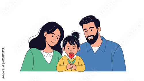 Happy family of three featuring a father mother and young daughter holding a single red flower with smiles on their faces in a flat cartoon style.