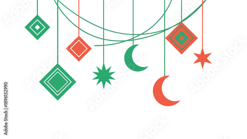 Colorful Ramadan hanging decorations with lanterns stars and crescent moons in green and red colors on strings for festive Islamic celebration.