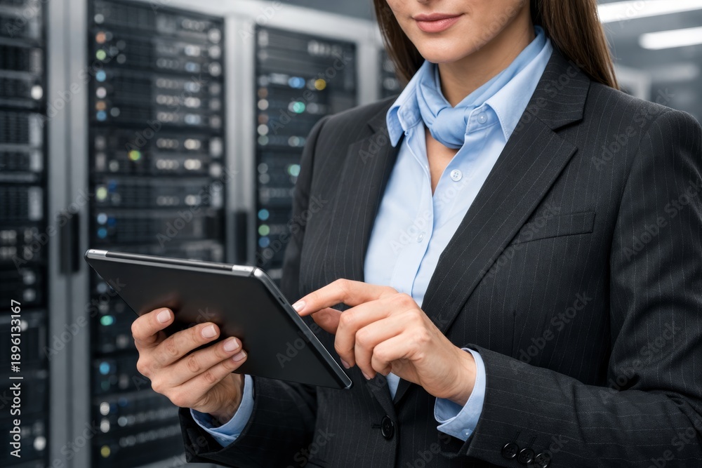 Fototapeta premium Businesswoman using digital tablet in data center for IT management. Ai generative