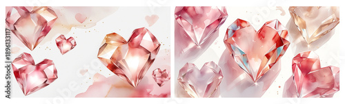 Elegant Watercolor Crystal Hearts on Transparent Background for Valentine’s Day Cards, Wedding Invitations, Romantic Posters, Branding and Love-Themed Graphic Design.