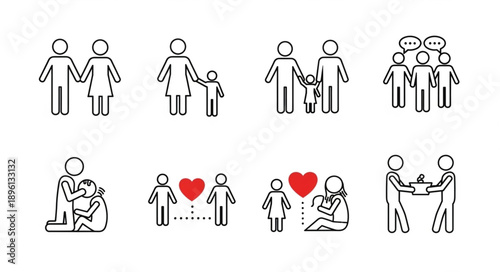 Collection of simple line art icons representing family and relationships.