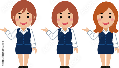 こちらへと笑顔。ネイビー事務服の若い女性