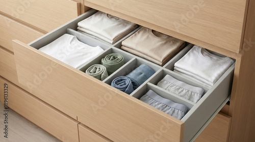 Clean drawer with dividers, neutral tones, home organization