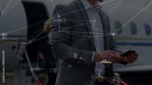 Animation of network of connections over businessmen using smartphone at the airport