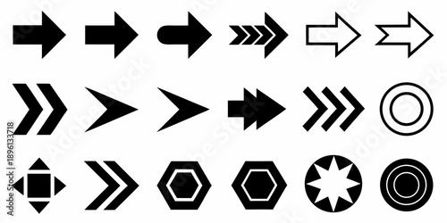 Collection of various black arrow and geometric shapes on white background