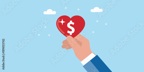 A hand holding a red heart with a dollar sign symbol inside