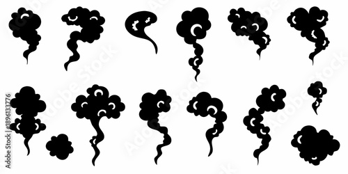 Black smoke plumes and cloud shapes arranged in a repeating pattern