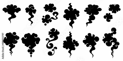 Collection of stylized black smoke puff illustrations in varied shapes