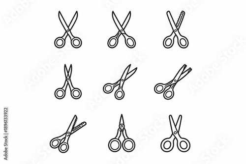 Set of nine line art scissors designs with various blade styles