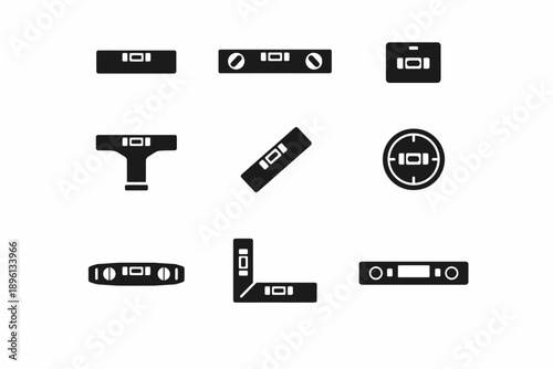 Set of nine black bubble level icon variations in minimalist design