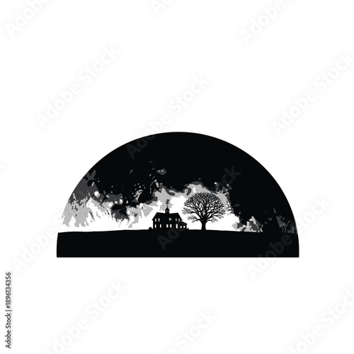 Spooky silhouette of a haunted house with a bare tree under a stormy sky