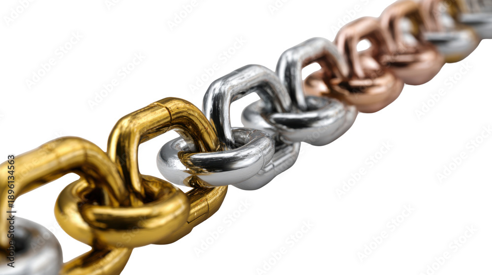 Fototapeta premium Close up metallic chain links strength connection security concept industrial steel gold silver bronze macro detail isolated cutout realistic 3d render on white background