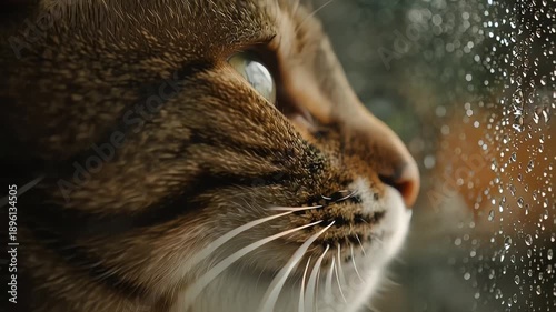 Cat Looking Out the Window on Rainy Day.