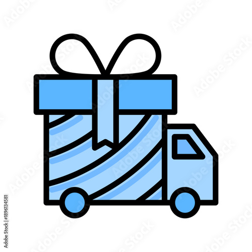 Car gift box line icon. Present delivery blue black sign. Surprise symbol. Holiday, festive, Birthday, Christmas, party concept. Vector illustration. Flat design. Isolated on a white background.