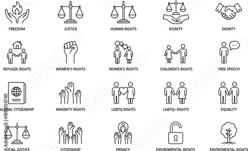 Human rights icon set, freedom justice equality dignity social rights outline symbols for advocacy law education and awareness