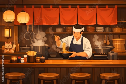 Flat vector illustration Japanese Ramen Shop Interior with Chef Cooking Noodles 
