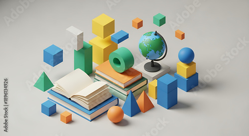 Dynamic 3D illustration showcasing books, a globe, and geometric shapes, symbolizing education, knowledge acquisition, and abstract learning concepts for academic and professional growth