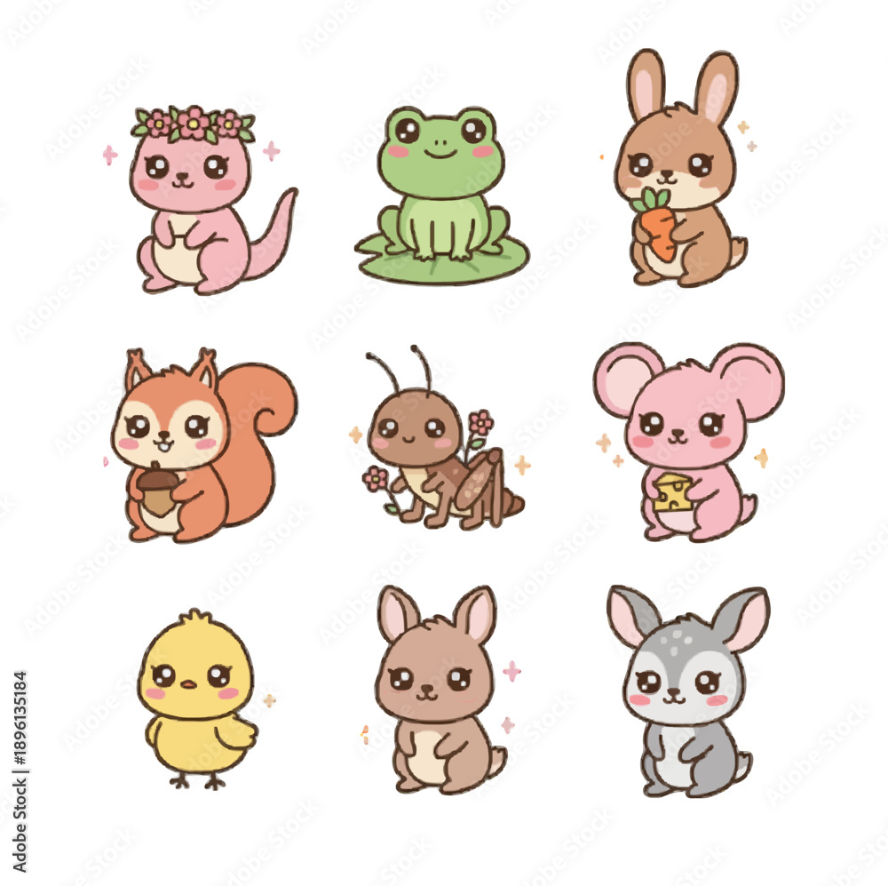 Obraz premium Cute kawaii woodland animal characters set with rabbit, frog, squirrel, chick, mouse, and grasshopper