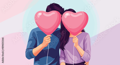 Couple holding pink heart balloons covering faces for Valentine concept