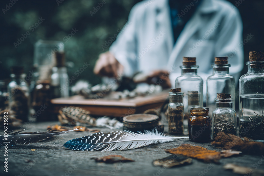 Obraz premium Scientist studying bird feathers on table outdoors, research and conservation theme.