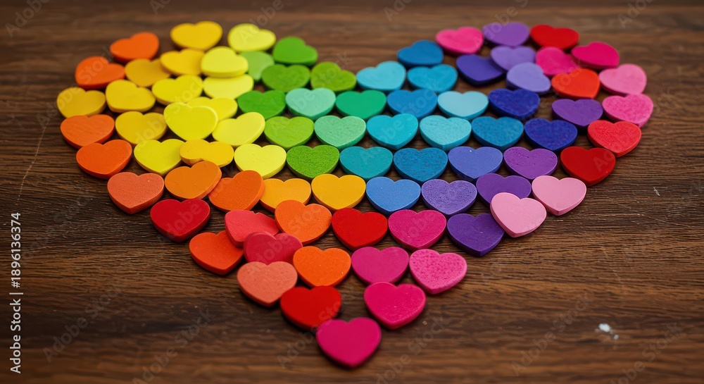 Obraz premium Colorful foam hearts arranged in a large heart shape on a wooden surface rainbow