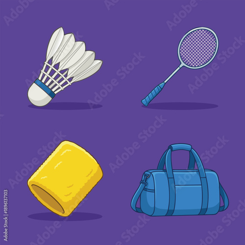 Badminton equipment set with shuttlecock racket wristband and duffel bag.