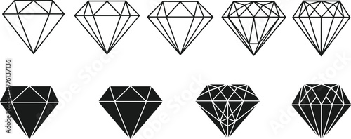 Stylized diamond illustrations with geometric facet patterns, black and white gemstone icons in rows, abstract gem design concept, flat vector illustration for visual assets.