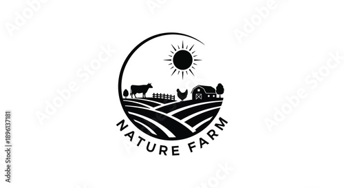 Nature Farm scene with sun livestock and fields presented in a striking silhouette