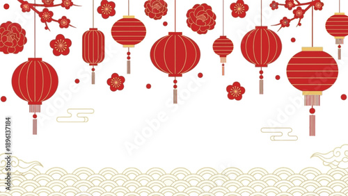 Elegant Chinese New Year celebration banner with traditional red lanterns, delicate cherry blossoms, and ornamental golden wave patterns, symbolizing prosperity and joy for festive designs