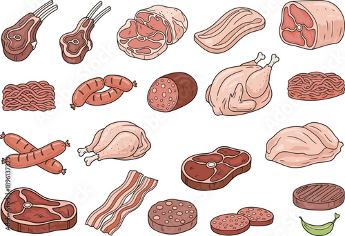 Raw meat and poultry cuts icon set with beef pork chicken bacon sausages flat vector illustration