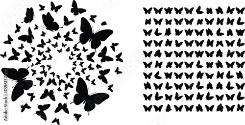 Black butterfly silhouettes in spiral and grid formations on white background, abstract symmetry concept, minimal decorative layout, modern flat vector illustration for design.