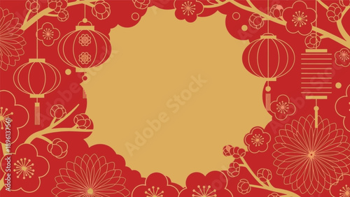 Elegant Chinese New Year celebration with traditional lanterns and blossoms on a red and gold background