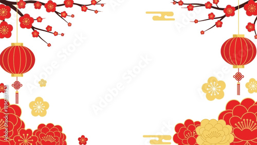Festive Chinese New Year background with traditional red lanterns and beautiful plum blossoms, an illustration celebrating culture and prosperity