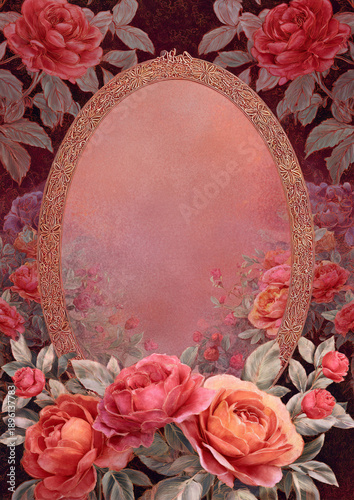 Romantic Vintage Rose Frame in Soft Pastel Red with Ornate Floral Detail
