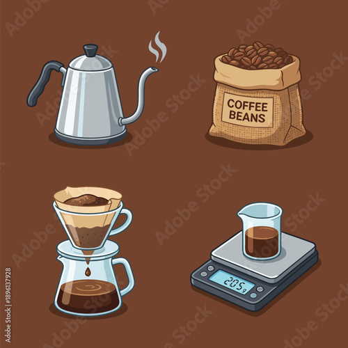 Coffee brewing equipment and ingredients illustration.