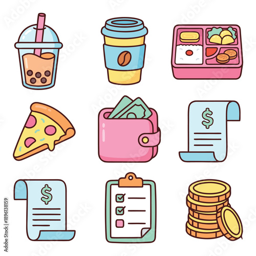 Collection of food, drink, and finance related icons in a cute cartoon style.