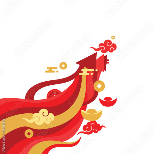 Vibrant graphic artwork depicting flowing red and gold elements, symbolizing prosperity and good fortune for Lunar New Year, featuring traditional auspicious coins, ingots, and festive clouds