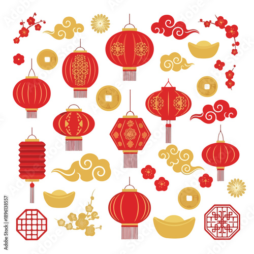 Vibrant collection of traditional Asian festival elements decorative red lanterns, golden prosperity symbols, lucky coins, and cultural patterns, perfect for Lunar New Year designs