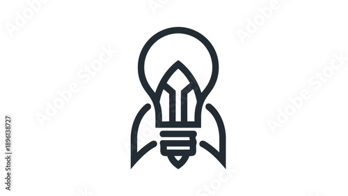 A black and white of a light bulb with rocket wings
