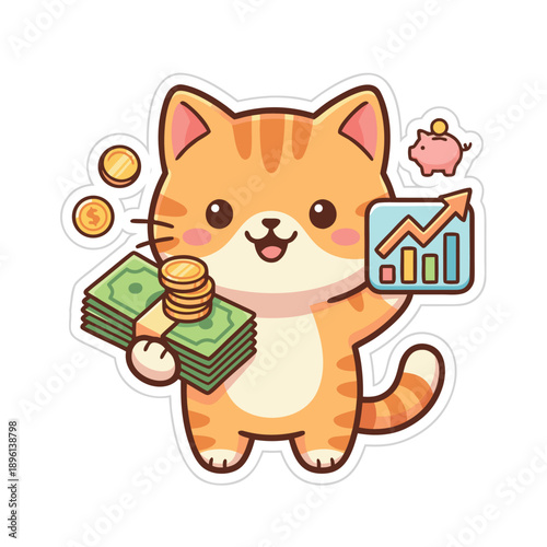 Cute cartoon cat holding money and showing a financial graph.