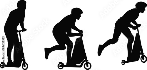 Man riding kick scooter silhouette set showing urban commute transport motion isolated on white background black vector illustration collection