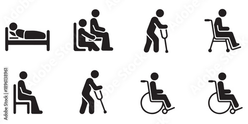 Hospital mobility symbols featuring patient in bed people with crutches and various wheelchairs
