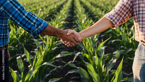 Two farmers shaking hands in a cornfield, symbolizing a successful agricultural partnership