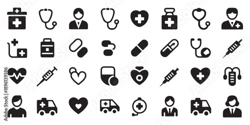 Healthcare professionals and medical icons set doctor characters health equipment silhouettes set